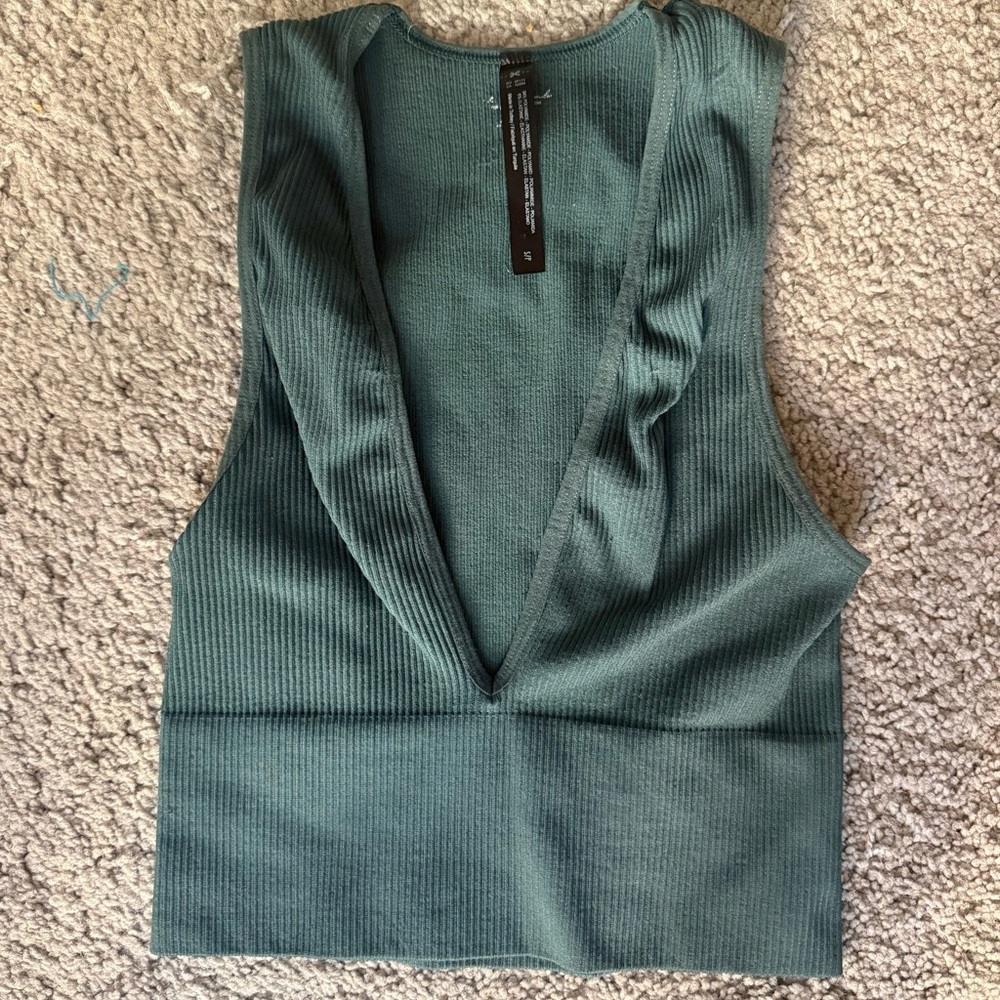 Urban Outfitters Deep V Ribbed Tank Top in Teal Green